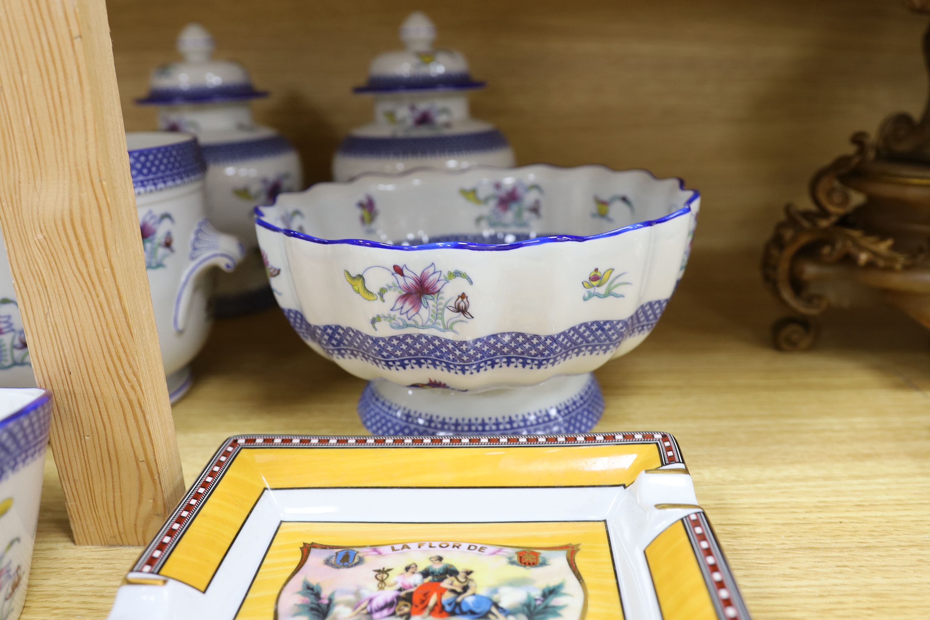 Two Copeland Spode Armorial bowls, a pair of lidded jars a planter and three Limoges ashtrays, jars and covers 24cm high